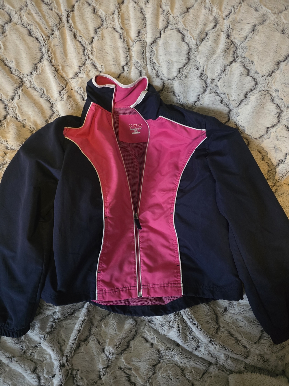 Three Hearts Lightweight Navy Jacket Bright Pink Front Panel SZ PM EUC